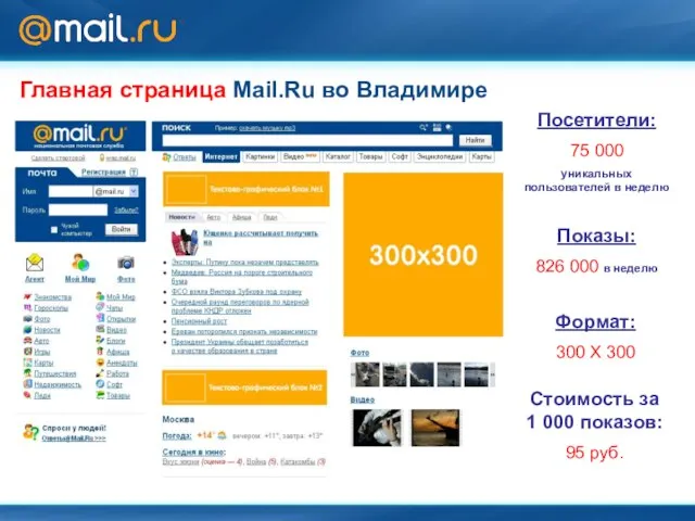 Главная страница Mail.Ru во Владимире Формат: 300 Х 300 Посетители: 75 000