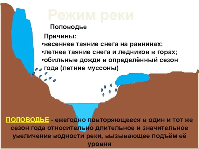 Режим реки Половодье Причины: весеннее таяние снега на равнинах; летнее таяние снега