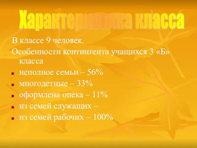 В классе 9 человек. Особенности контингента учащихся 3 «Б» класса неполное семьи