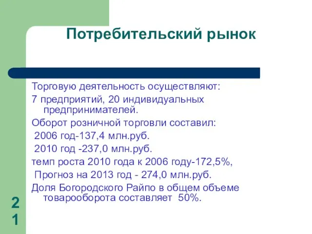 Потребительский рынок Торговую деятельность осуществляют: 7 предприятий, 20 индивидуальных предпринимателей. Оборот розничной