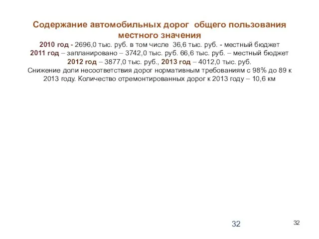 Содержание автомобильных дорог общего пользования местного значения 2010 год - 2696,0 тыс.