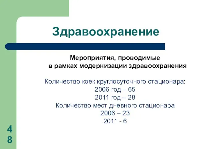 Здравоохранение Мероприятия, проводимые в рамках модернизации здравоохранения Количество коек круглосуточного стационара: 2006