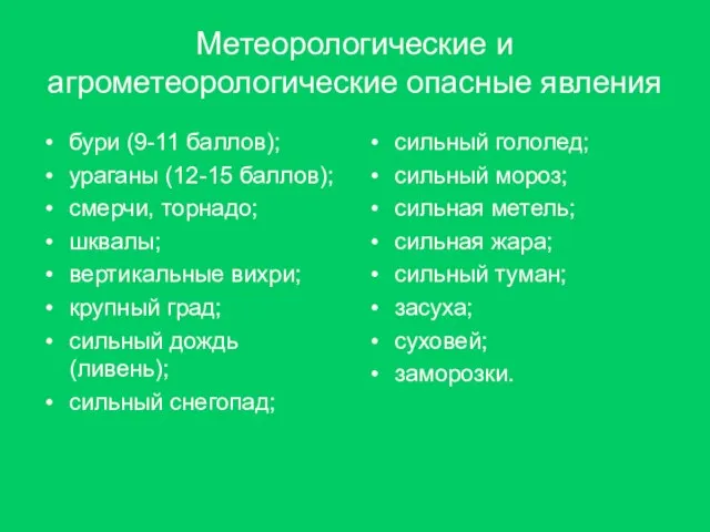 Метеорологические и агрометеорологические опасные явления бури (9-11 баллов); ураганы (12-15 баллов); смерчи,