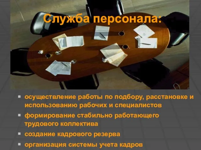 Служба персонала: осуществление работы по подбору, расстановке и использованию рабочих и специалистов