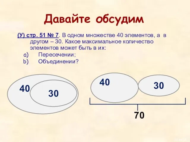 Давайте обсудим (У) стр. 51 № 7. В одном множестве 40 элементов,