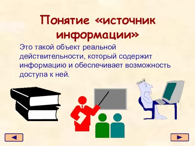 Понятие «источник информации» Это такой объект реальной действительности, который содержит информацию и