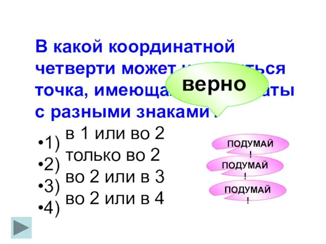 В какой координатной четверти может находиться точка, имеющая координаты с разными знаками?