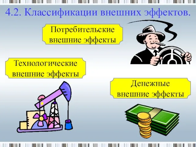 4.2. Классификации внешних эффектов. Технологические внешние эффекты Потребительские внешние эффекты Денежные внешние эффекты