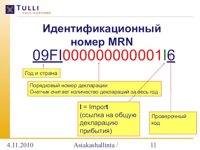 4.11.2010 Asiakashallinta / Alatalo 09FI000000000001I6 Идентификационный номер MRN Год и страна Порядковый