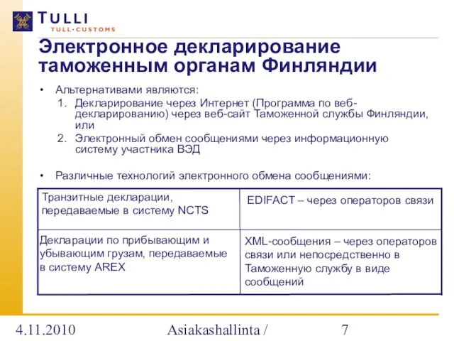 4.11.2010 Asiakashallinta / Alatalo Альтернативами являются: Декларирование через Интернет (Программа по веб-декларированию)