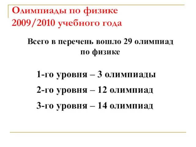 Олимпиады по физике 2009/2010 учебного года Всего в перечень вошло 29 олимпиад