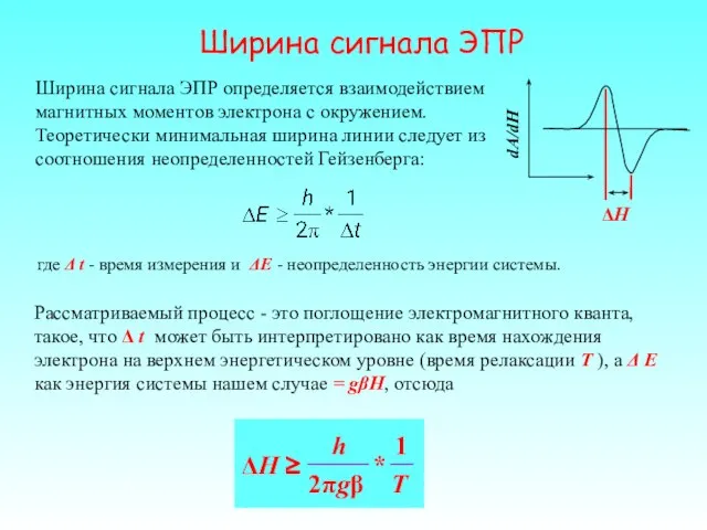 Ширина сигнала ЭПР где Δ t - время измерения и ΔE -