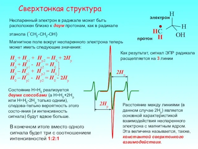 Сверхтонкая структура Неспаренный электрон в радикале может быть расположен близко к двум