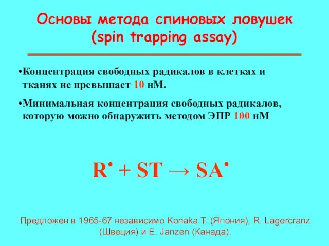 Основы метода спиновых ловушек (spin trapping assay) Концентрация свободных радикалов в клетках