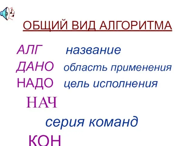 ОБЩИЙ ВИД АЛГОРИТМА АЛГ название ДАНО область применения НАДО цель исполнения НАЧ серия команд КОН