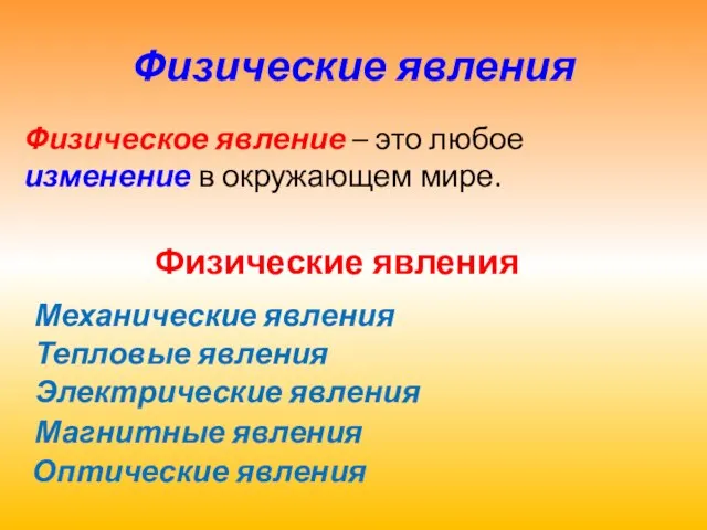 Физические явления Физическое явление – это любое изменение в окружающем мире. Физические