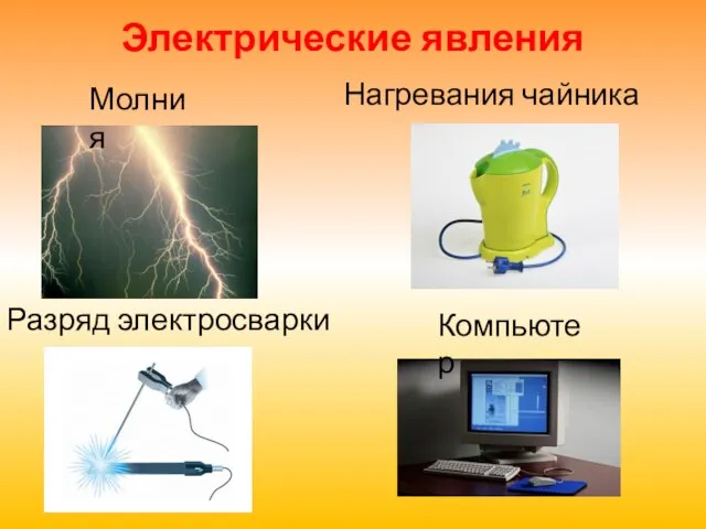 Электрические явления Молния Нагревания чайника Разряд электросварки Компьютер