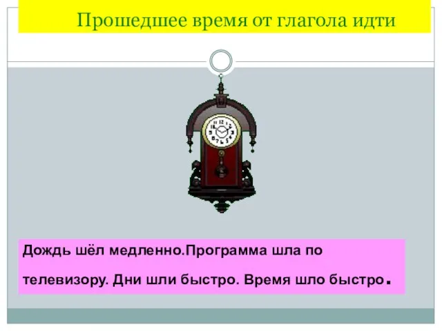 Прошедшее время от глагола идти Дождь шёл медленно.Программа шла по телевизору. Дни