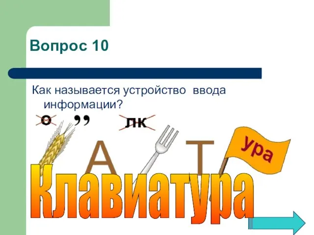 Как называется устройство ввода информации? Клавиатура Вопрос 10