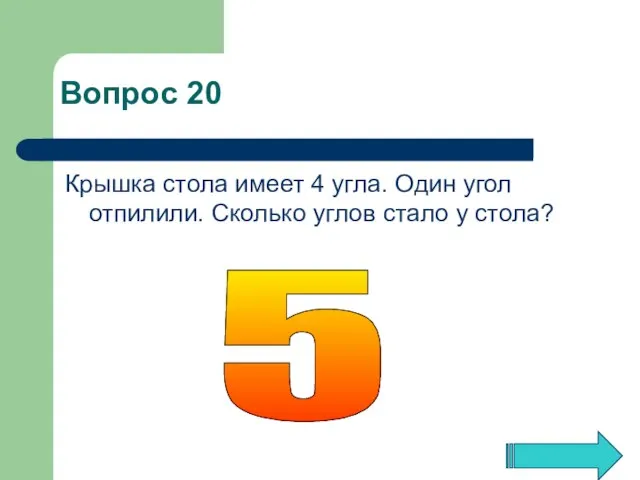 5 Вопрос 20 Крышка стола имеет 4 угла. Один угол отпилили. Сколько углов стало у стола?