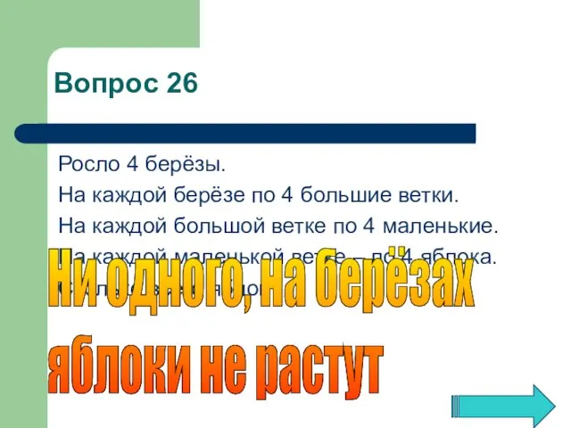 Росло 4 берёзы. На каждой берёзе по 4 большие ветки. На каждой