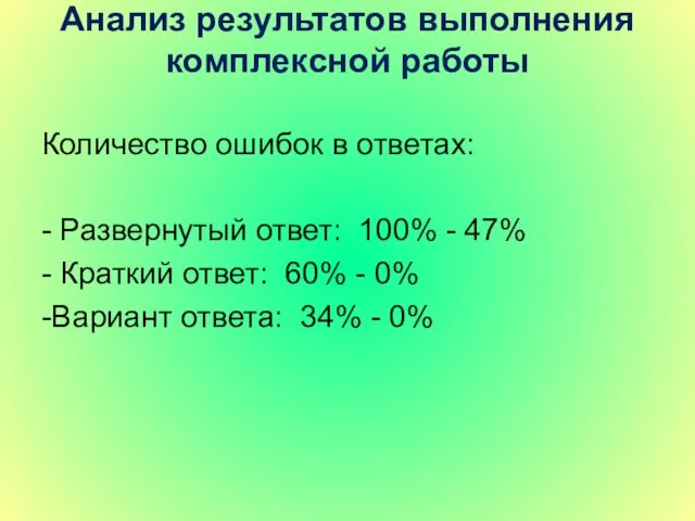 Анализ результатов выполнения комплексной работы Количество ошибок в ответах: - Развернутый ответ: