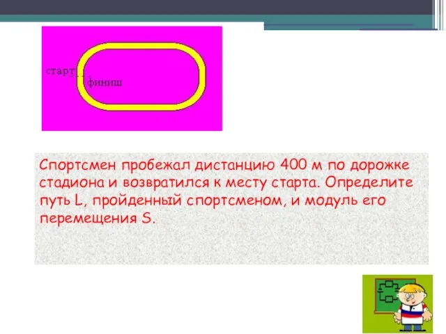 Спортсмен пробежал дистанцию 400 м по дорожке стадиона и возвратился к месту