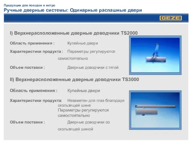 Продукция для поездов и метро Ручные дверные системы: Одинарные распашные двери I)