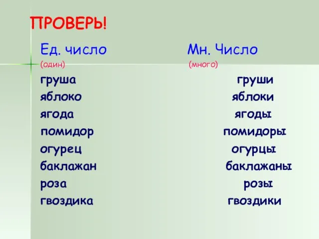 ПРОВЕРЬ! Ед. число Мн. Число (один) (много) груша груши яблоко яблоки ягода