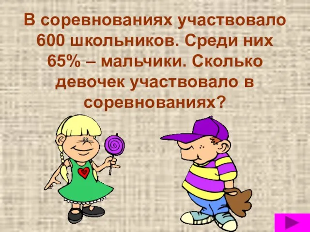 В соревнованиях участвовало 600 школьников. Среди них 65% – мальчики. Сколько девочек участвовало в соревнованиях?