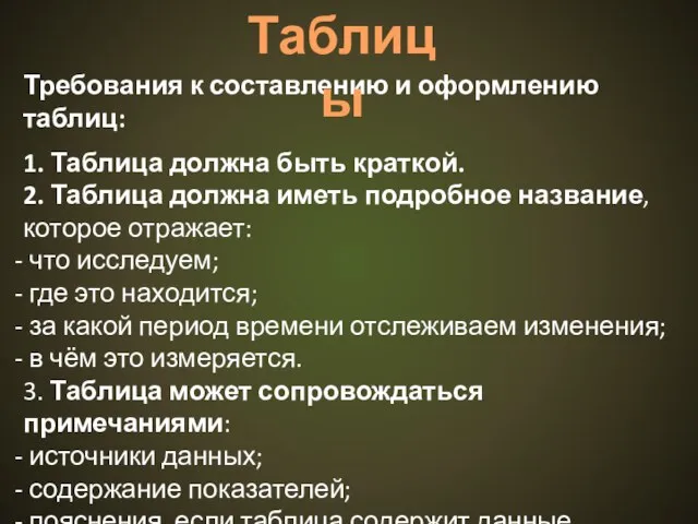 Требования к составлению и оформлению таблиц: 1. Таблица должна быть краткой. 2.