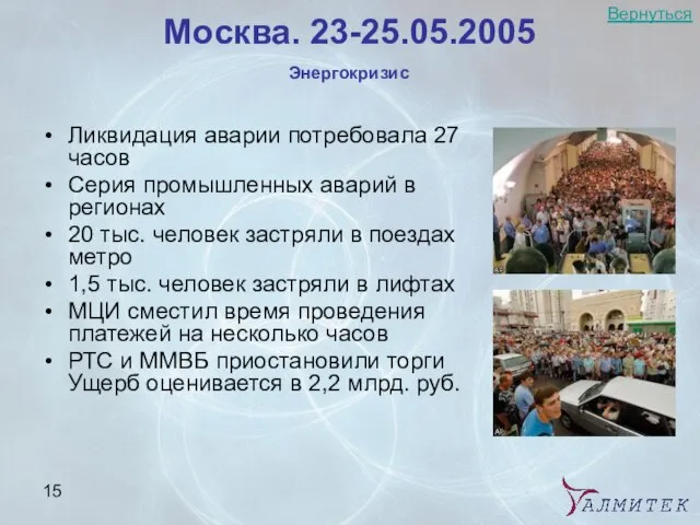 Москва. 23-25.05.2005 Ликвидация аварии потребовала 27 часов Серия промышленных аварий в регионах