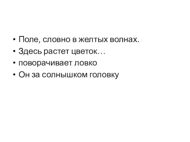 Поле, словно в желтых волнах. Здесь растет цветок… поворачивает ловко Он за солнышком головку