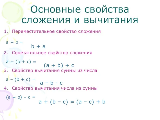 Основные свойства сложения и вычитания Переместительное свойство сложения a + b =