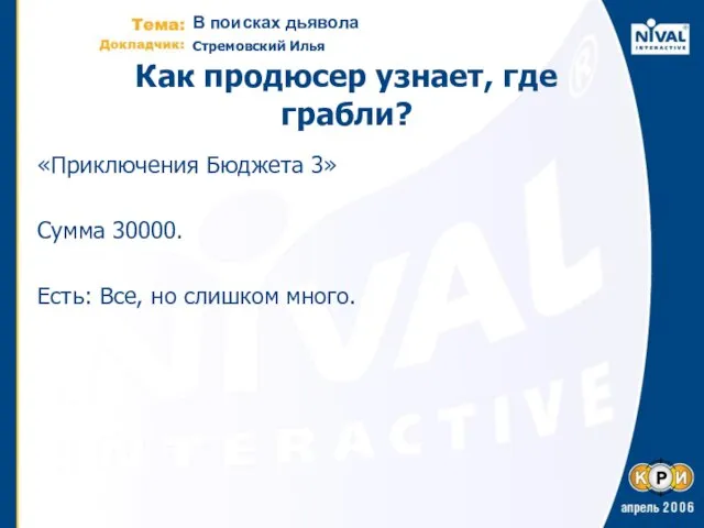 Как продюсер узнает, где грабли? «Приключения Бюджета 3» Сумма 30000. Есть: Все, но слишком много.