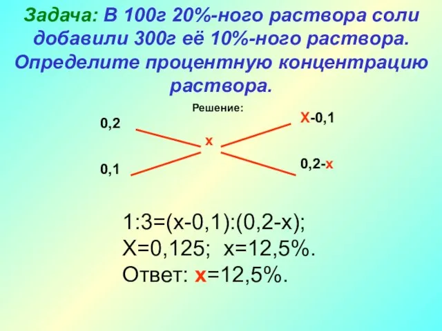 Задача: В 100г 20%-ного раствора соли добавили 300г её 10%-ного раствора. Определите