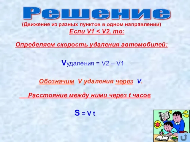 Определяем скорость удаления автомобилей: Vудаления = V2 – V1 Обозначим V удаления