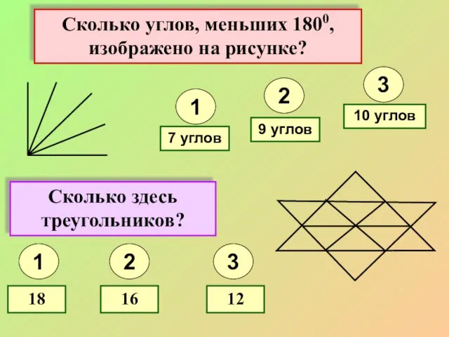 Сколько углов, меньших 1800, изображено на рисунке? 1 2 3 7 углов