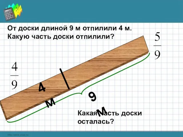 4 м От доски длиной 9 м отпилили 4 м. Какую часть