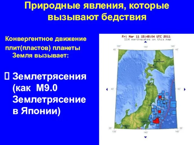 Природные явления, которые вызывают бедствия Конвергентное движение плит(пластов) планеты Земля вызывает: Землетрясения