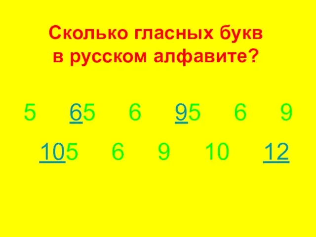 Сколько гласных букв в русском алфавите? 5 65 6 95 6 9