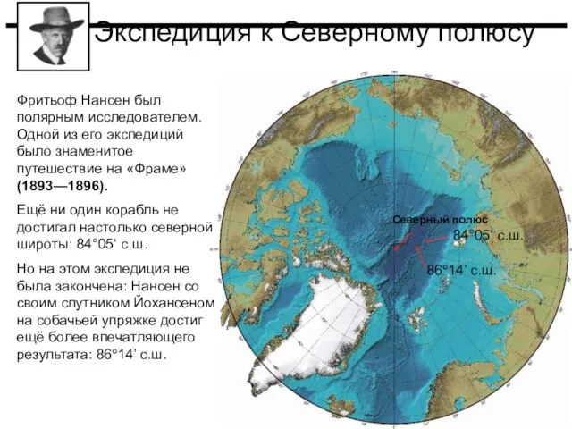 Экспедиция к Северному полюсу Северный полюс 86º14’ с.ш. 84°05‘ с.ш. Фритьоф Нансен