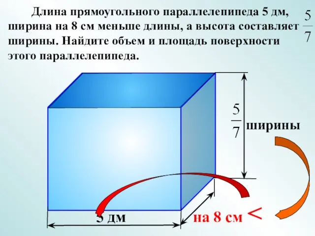 Длина прямоугольного параллелепипеда 5 дм, ширина на 8 см меньше длины, а