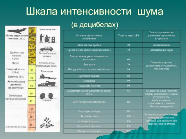 Шкала интенсивности шума (в децибелах)