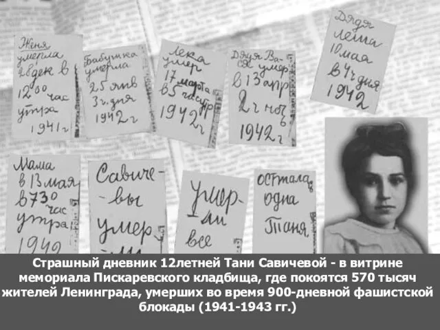 Страшный дневник 12летней Тани Савичевой - в витрине мемориала Пискаревского кладбища, где