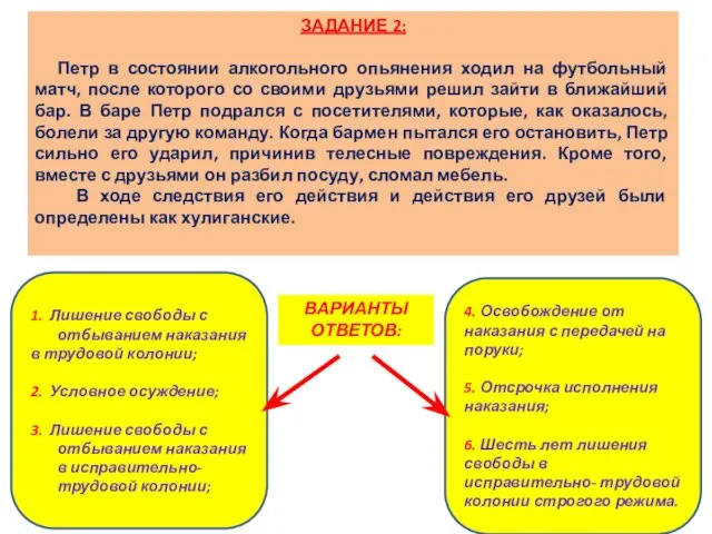 ЗАДАНИЕ 2: Петр в состоянии алкогольного опьянения ходил на футбольный матч, после