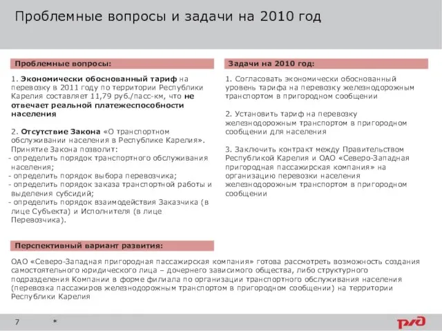 Проблемные вопросы и задачи на 2010 год 1. Согласовать экономически обоснованный уровень