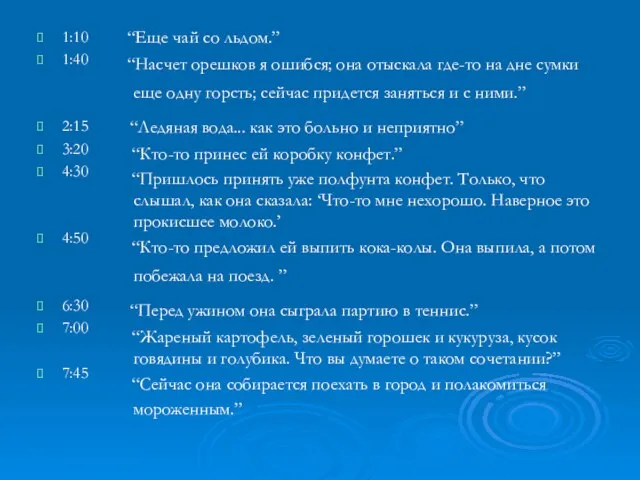 1:10 1:40 2:15 3:20 4:30 4:50 6:30 7:00 7:45 “Еще чай со