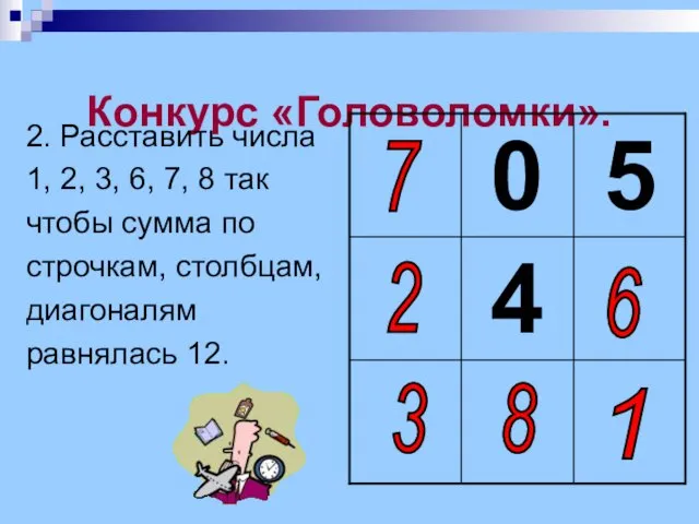 Конкурс «Головоломки». 2. Расставить числа 1, 2, 3, 6, 7, 8 так