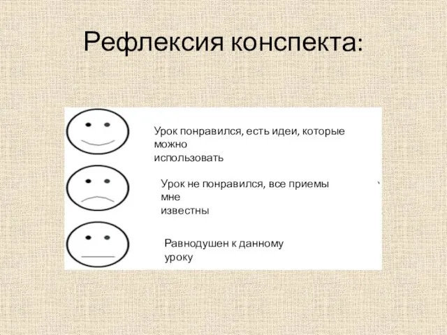 Рефлексия конспекта: Урок понравился, есть идеи, которые можно использовать Урок не понравился,